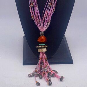 Multicolor Seed Bead Tassel Stones Fringe Layered Multi Strand Necklace Hangs 23